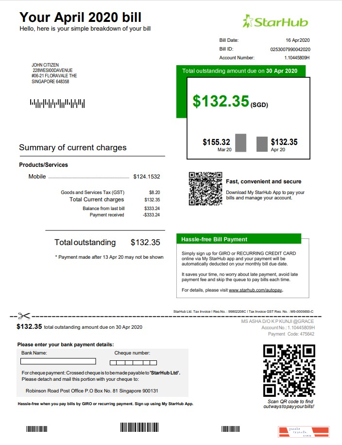 Singapore StarHub utility bill template in Word and PDF format